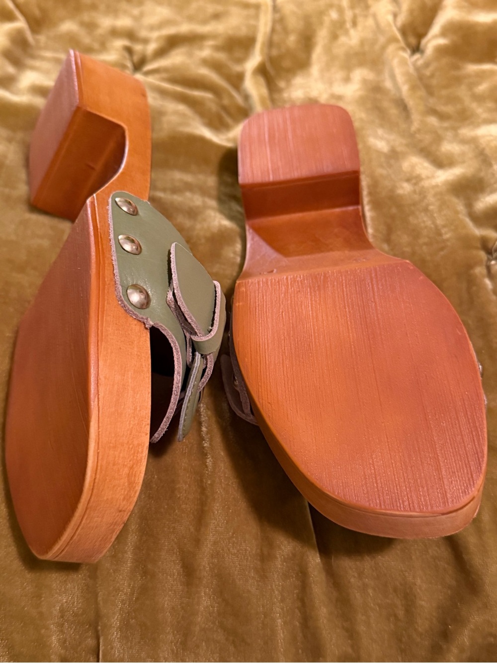 INTENTIONALLY BLANK Olive Green Buckle Slide Mules with Wood-Tone Platform - Picture 4 of 4